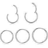 SEEDRILL 5pcs Hypoallergenic Nose Rings Hoops for Women Men 16G/18G/20G 316L Surgical Steel Hinged Clicker Segment for Nostril Septum Helix Cartilage Daith Tragus Conch Rook Lip Ear Lobe Earrings