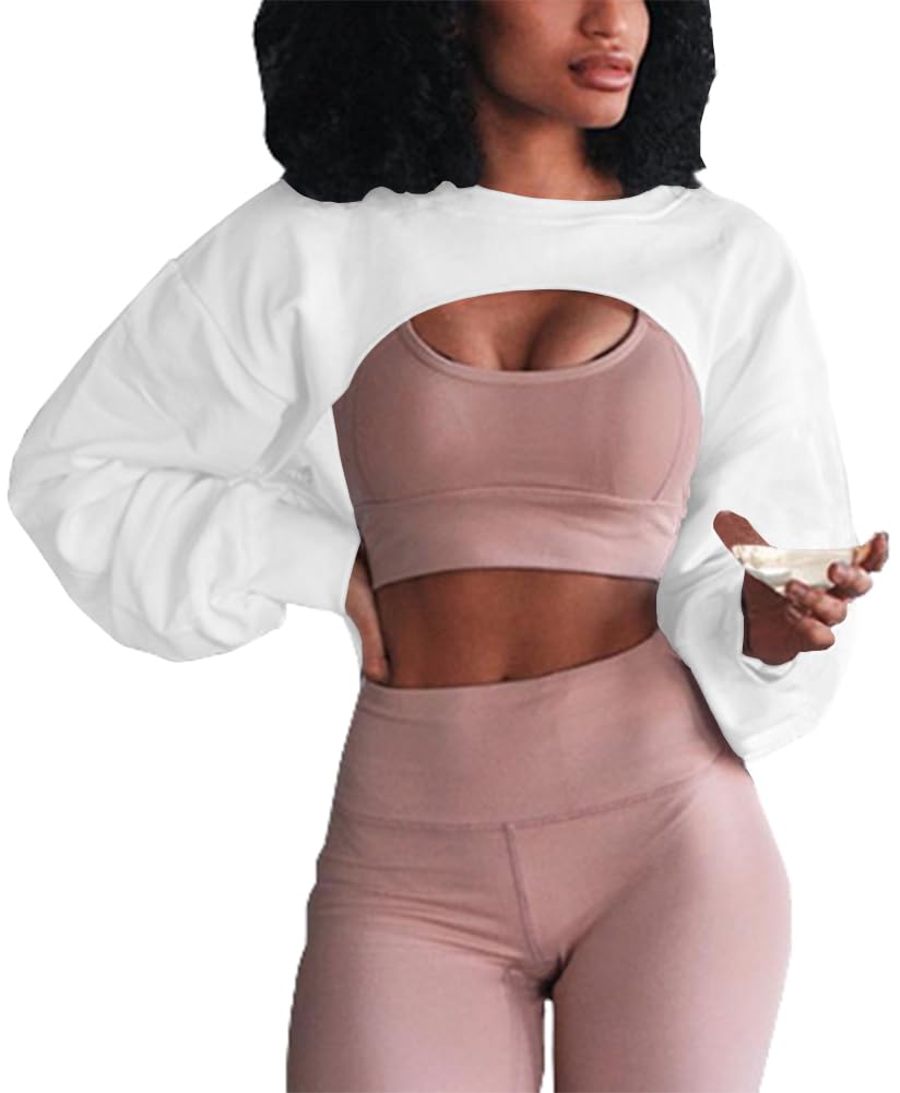 Photo 1 of Artfish Women's Crewneck Long Sleeve Crop Hoodie Workout Gym Cutout Loose Super Cropped Sweatshirts White XS
