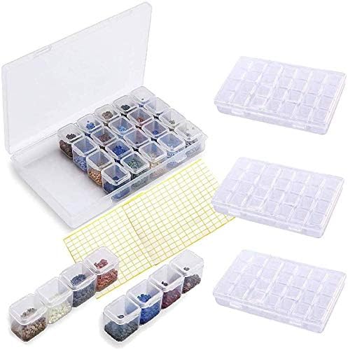 BLIKIN 4 Pack Diamond Painting Storage Containers,5D Diamond Art Embroidery Accessories Supplies Storage Box,112 Grids Portable Bead Storage Case with Label Marker Sticker … (4 Packs+2 Stickers)