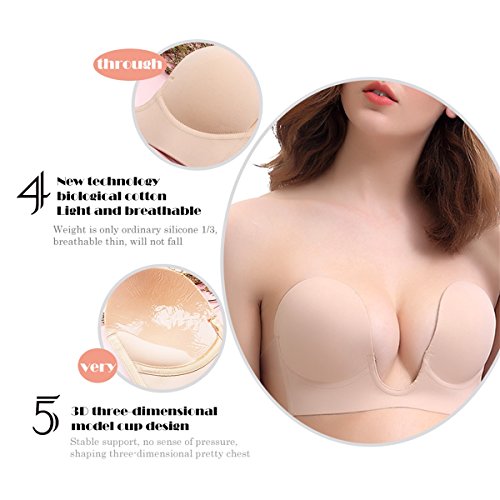 VeMee Strapless Bra U Plunge Push Up Self Adhesive Silicone Reusable Bra for Women