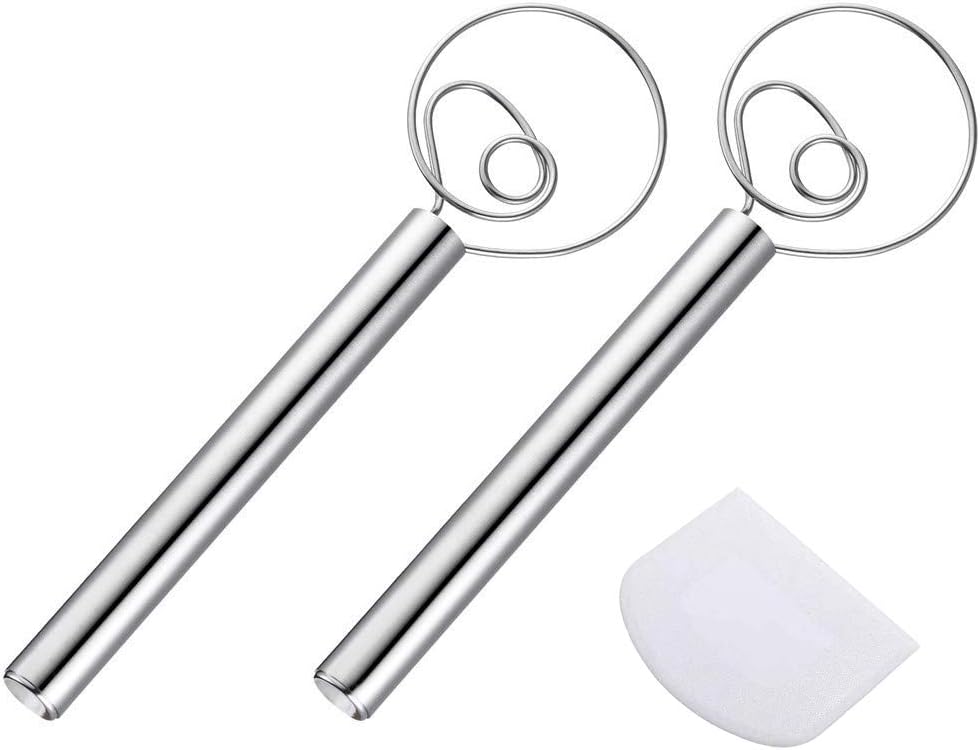 Danish Dough Whisk,(2 Pcs) Food Grade Stainless Steel Dough Mixer with Scraper for Making Bread
