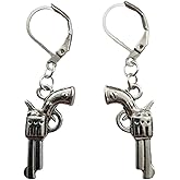 Gun Charm Lever Back Clip Earrings, Revolver Dangle Earrings, West Style, Quirky Jewelry