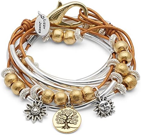 Boho with Gold Tree of Life Charm Trio Silverplate Small Bracelet Necklace with Metallic Golden Sun Leather Wrap by Lizzy James