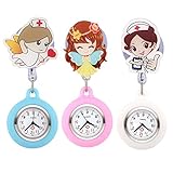 Top Plaza Girls' Kid's Cute Lovely Cartoon Angel Silicone Nurse Clip-on Fob Brooch Hanging Easy Pull Clasp Stretch Analog Quartz Pocket Watches,Set of 3