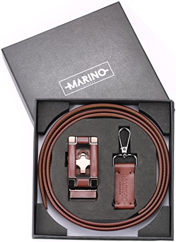 Marino Ratchet Click Belts for Men - Mens Comfort Genuine Leather Dress Belt - with Automatic Buckle, Enclosed in an Elegant Gift Box - Brown - Adjustable from 38" to 54" Waist