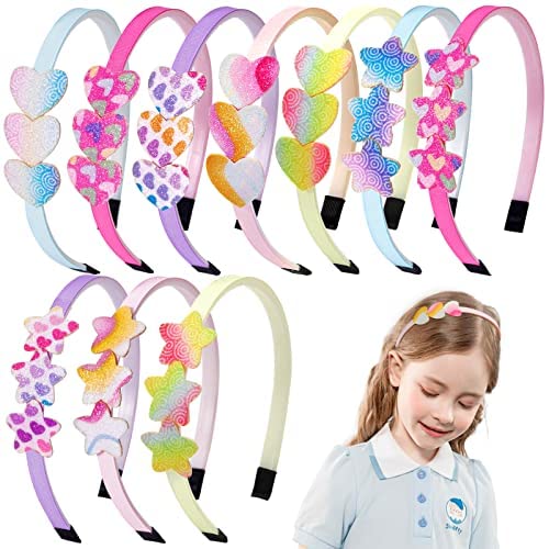 Candygirl Glitter Headbands for Girls Rainbow Alice Bands,10Pcs Sparkly Sequins Hair Bands Cute Kids Bling Headband Glitter Star Heart Hairbands with Teeth,Coloured Bow Headbands for Toddlers