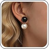 Sttiafay Pearl Ear Jacket Earrings Double Bead Pearl Earrings Round Pearls Double Sided Dangle Studs Black White Pearls Front Back Earring Jewelry for Women