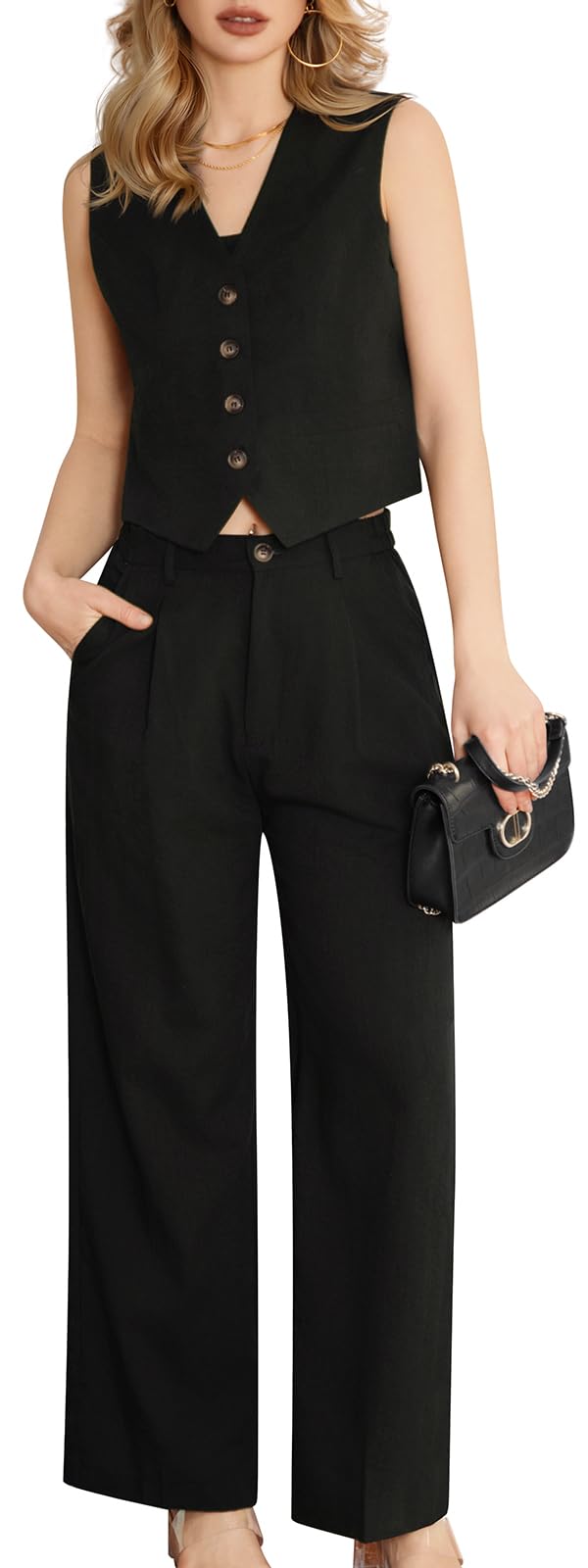 Photo 1 of **ONLY PANTS/MISSING TOP**Kelyaa Women's 2 Piece Suiting Set Sleeveless Vest and Wide Leg Pants Suit Casual Business Office Outfit Black SIZE XL