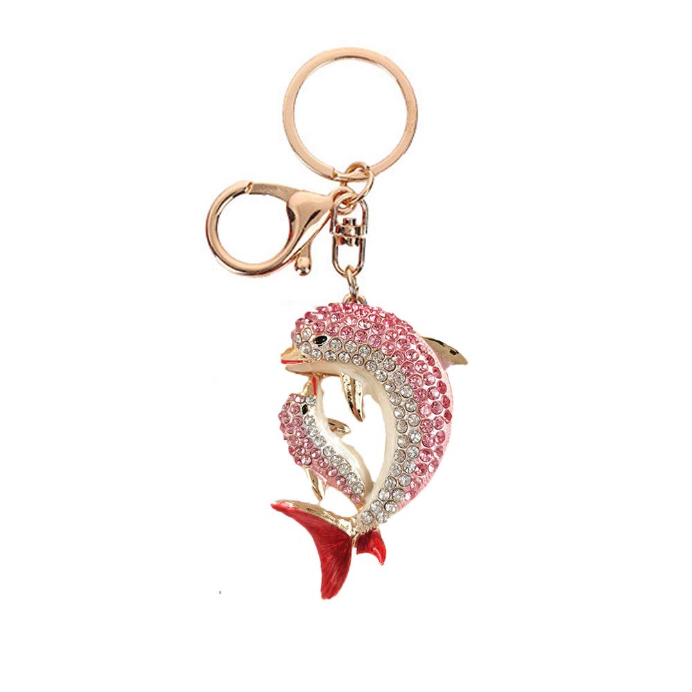 Cute Dolphins Rhinestones Keychain,Gold Sparkling Charm Keyring Pendant (Pink)