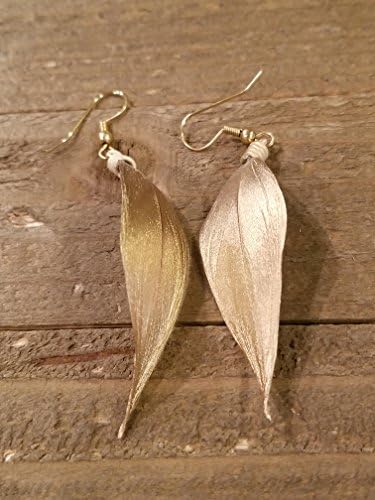 Gold Dipped Feather Earrings Drop Down Dangle Native American Earth Jewelry Hippie Boho Natural Style (E89)