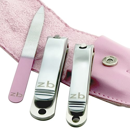 Nail Clippers by Zizzili Basics - 3 Piece Nail Clipper Set - Stainless Steel Fingernail & Toenail Clippers with Nail File & Bonus Pink Carry Case - Best Nail Care for Manicure, Pedicure, Home & Travel