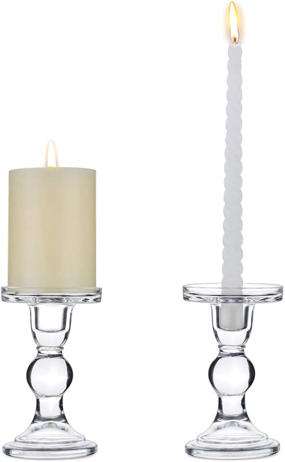 Nuptio Set of 2 Clear Glass Pillar Candle Holders, Wedding Centerpieces