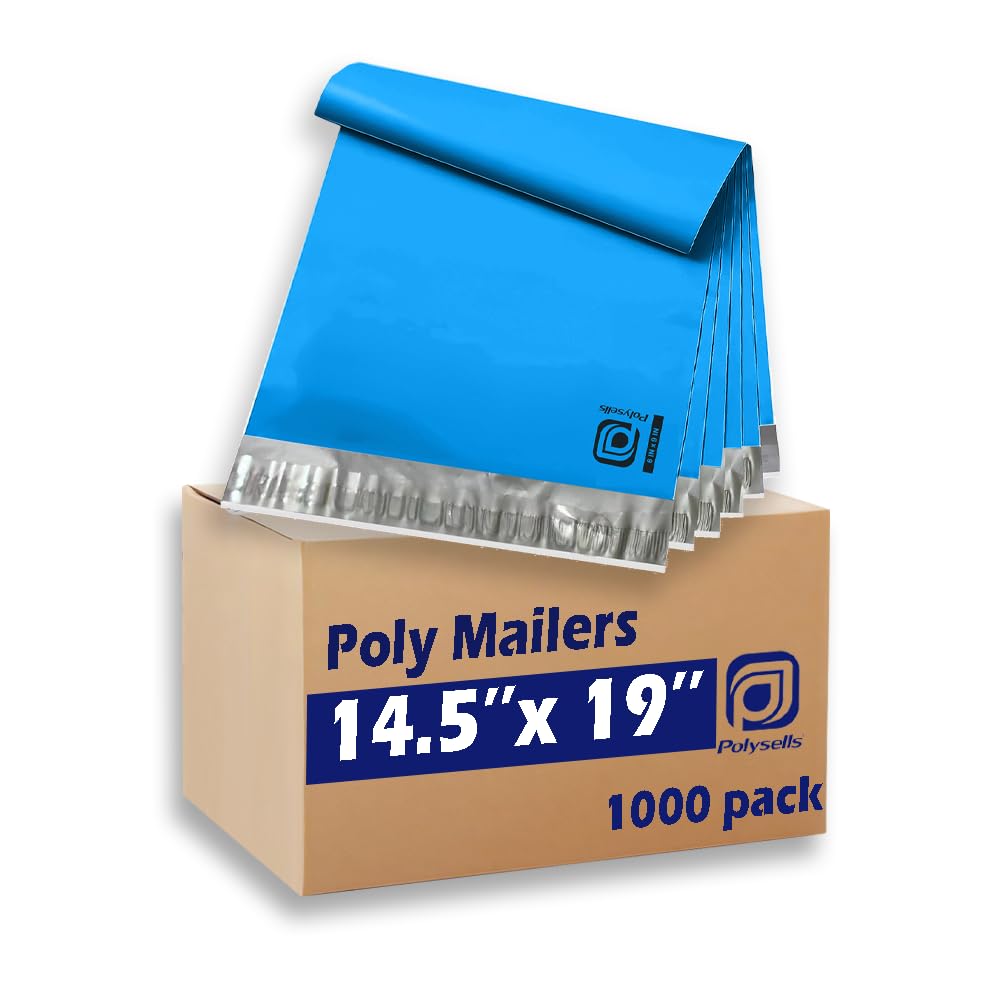 POLYSELLS 1000 pcs 14.5x19 Inches Blue Poly Mailers Shipping Envelopes, Strong Adhesive Sealing, Waterproof, and Tear-resistant Postal Mailing Bags for Clothing, Books, and Accessories Image