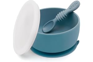 SAMiGO Silicone Baby Bowl and Spoon Set with Suction and Lid, First Stage Self Feeding Essentials, Food Bowl for 6+ Months