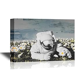 Canvas Wall Art - Astronaut on The Field with Flowers. - Gallery Wrap Modern Home Art | Ready to Hang - 12x18 inches