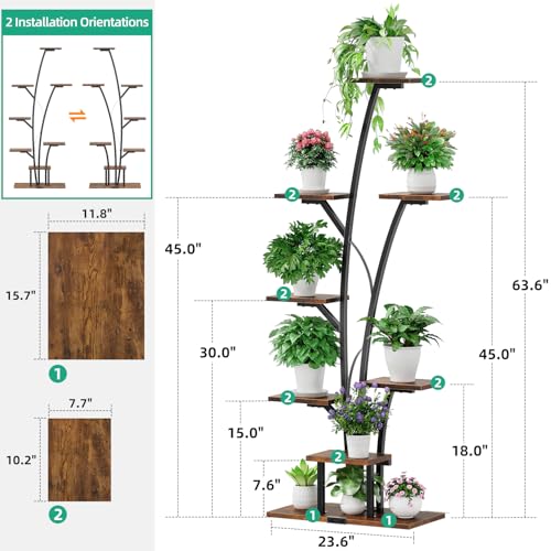 Kalrin 8-Tier Plant Stand Indoor with Grow Lights, 63" Tall Lighted Corner Plant Stands for Indoor Plants, Metal Plant Flower Display Shelves, Plant Shelf Plant Rack for Home, Living Room (Brown)