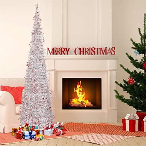 N&T NIETING Christmas Tree, 6ft Collapsible Pop Up Silver Tinsel Christmas Tree with Christmas Candy Cane Coastal Christmas Tree for Holiday Xmas Decorations, Home Display, Office Decor