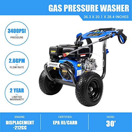 OT QOMOTOP Gas Pressure Washer, 3400 PSI and 2.6 GPM Gasoline Powered