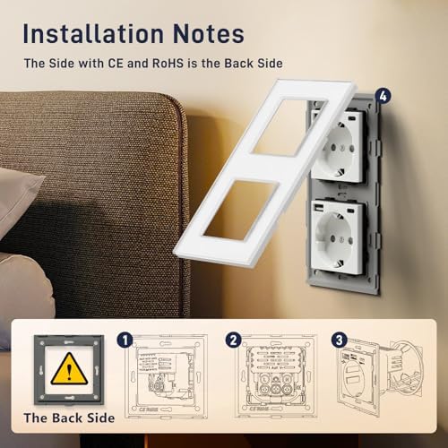 USB Steckdose Doppel Weiß Schuko Wandsteckdose mit USB Anschluss (Max. 2.1A) Typ C Port Unterputz Steckdose Glas Ladegerät für Handys, Laptops etc