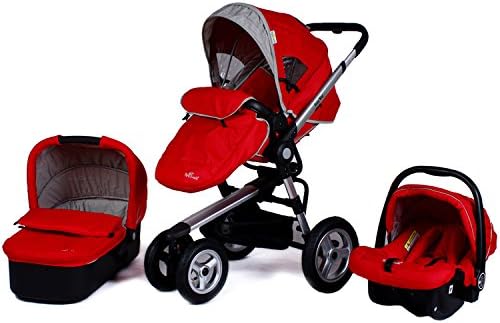 Aluminum Frame Baby Stroller 3 in 1,Pushchair+Sleeping Basket+Car Seat,Use 4 Pneumatic Wheels. (Red)