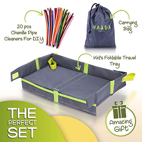 Foldable Kids Travel Tray for Airplane Travel Activities and Games, Use on Plane/Train Tray Table, Toddlers and Children, Unisex - Compact Light Portable - W/Fun Chenille Pipe Cleaners for DIY