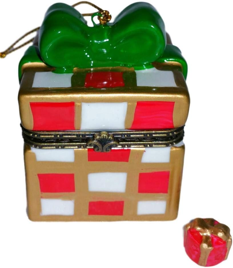 Art Gifts Red, White & Gold Gift Box Christmas Ornament 2pc Porcelain Hinged Trinket Box