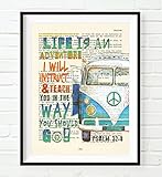 Life is an Adventure. I will instruct & teach you in the way you should go! - Psalm 32:8 Christian UNFRAMED art PRINT, Volkswagen Vw bus Vintage Bible verse scripture gift, 5x7 inches