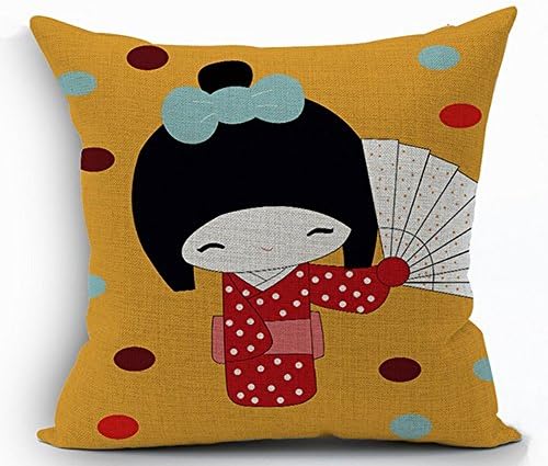 LCArtStore cute Japanese geisha doll folding fans umbrella and cherry2 18x18 Inch Cotton Linen Decorative Pillow Case Throw Pillow.