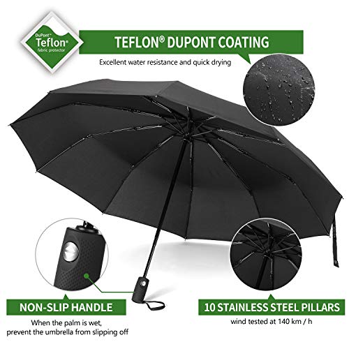 MUCO Compact Travel Umbrella Windproof Umbrella with Teflon Coating, 10 Ribs Lightweight Automatic Open Close Totes Umbrella Black