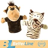 BETTERLINE Animal Hand Puppets Set of 2 Premium Quality, 9.5 Inches Soft Plush Hand Puppet for Kids- Perfect for Storytelling, Teaching, Preschool, Role-Play Toy Puppets (Monkey and Tiger)
