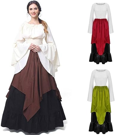 Amazon Com Hgwxx7 Women Medieval Irish Costume Plus Size Vintage Renaissance Long Sleeve Party Over Dress Clothing