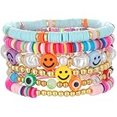 RINTOLER Friendship Bracelets for Women - Heishi Surfer Colorful Smile Evil Eye Clay Beaded Stretch Bracelets Elastic Layering - Stackable Boho Disc Y2K Aesthetic Summer Jewelry Set.