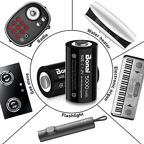 BONAI C Rechargeable Batteries 5000mAh Prerecharge, 1.2v NI-MH 4 Pieces C Rechargeable Battery, Rechargeable Batteries Type C / R14 / LR14