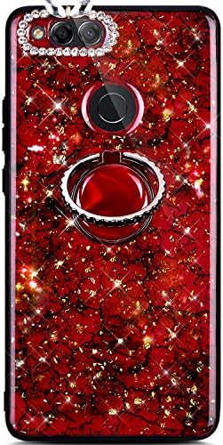 Robinsoni Case Compatible with Huawei Honor 7X Phone Case Silicone Glossy TPU Cover 360 Degree Rotation Ring Case Kickstand Phone Cover Sparkle Bling Phone Cover Gel Soft Shockproof Case Amber Red
