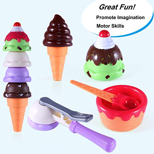 TEPSMIGO Plastic Stack Ice Cream Toy with Play Tea Set, 27 PCS Colored Pretend Food Educational Gifts for Toddler Children Age 3+ Boys Girls