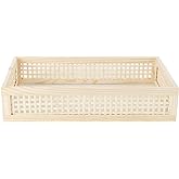 YAHUAN Rectangular Wooden Bamboo Serving Tray with Handles, Handwoven Rattan Decorative Display Serving Platters, Guest Towel Napkin Holder for Dining Bathroom Table Desktop (Rectangular Bamboo)
