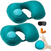 KLERICER 2PCS Inflatable Travel Pillow, Adjustable Inflatable Neck Pillow, Portable Inflatable Pillow U-Shaped with Eye Mask,Earplug and Carry Bag, for Airplanes,Traveling,Lumbar Support (Mint Green)