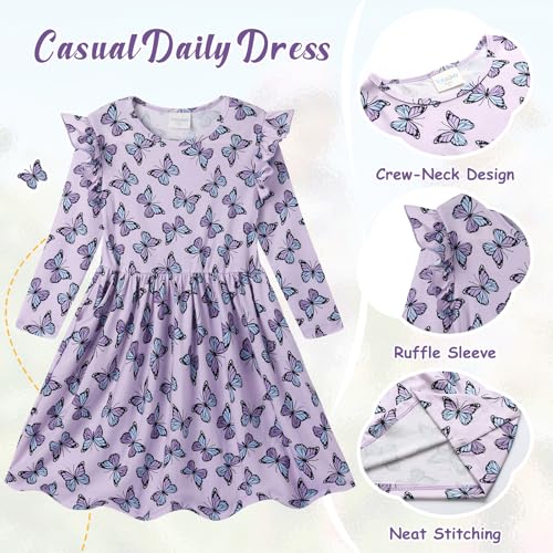 VASCHY Girls Dresses, Dress Long Sleeve Short Printed Dress Unicorn Princess Butterfly Mermaid Dresses Clothes Cotton Summer Party Holiday Dress 3-10 Years