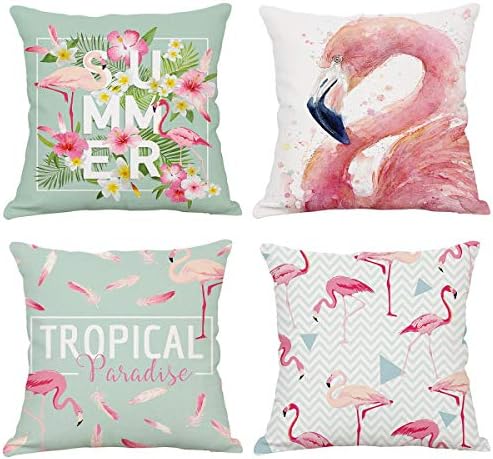 papasgix Cushion Covers Flamingo Canvas Cotton Linen Decorative Square Throw Pillow Cases Vibrant Pillowcase for Sofa Bedroom with Invisible Zipper 18 x 18 Inch, Set of 4