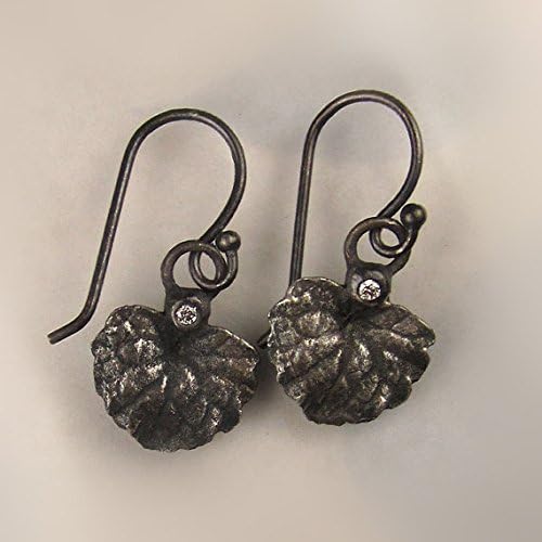 Diamond Leaf Earrings in Oxidized Sterling Silver