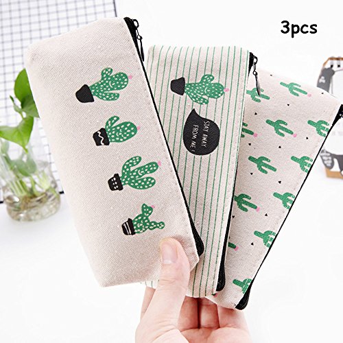 King&Pig 3pcs Cute Cactus Canvas Pencil Case Storage Organizer Pen Bags Pouch Pencil Bag Pencilcase School Supply Stationeryï¼ˆcactusï¼‰
