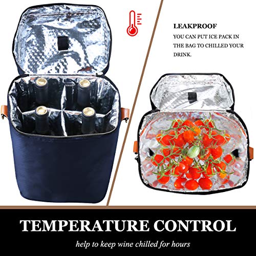 Collapsible Wine Totes Travel Carrier & Cooler Bag with Shoulder Strap, 4 Bottle Picnic Cooler Bag with Insulated Neoprene Leakproof Liner,Water Drinks Beer Picnic Lunch Bag for Grocery,Camping (Navy) - Thumbnail 3