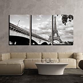 3 Piece Canvas Wall Art - Eiffel Tower View from Seine River - Modern Home Art Stretched and Framed Ready to Hang - 16"x24"x3 Panels