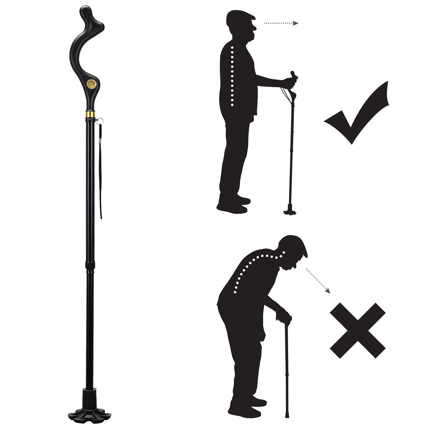 Rozhuhro Collapsible Posture Walking Cane, Adjustable and Folding Stick for Men Women Elderly, Portable Durable Upright Sticks with Non-Slip Base Daily Travel, Black, 1593