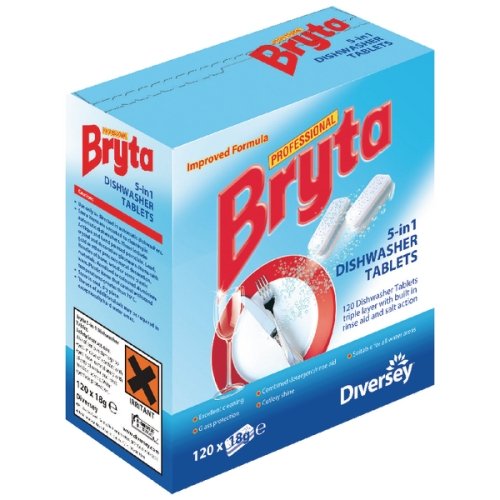 Diversey Bryta 5-in-1 Dishwasher Tablets, long cycle machines, contains enzymes salt and oxygen bleach, 120 Tabs