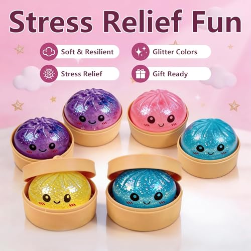 Beauenty 4PC Glitter Dumpling Squishy Toy - Soft Squeeze Stress Ball, Anxiety Relief Fidget Toy, Stretchy Sparkly Sensory Dumpling Squishy for Kids Teens