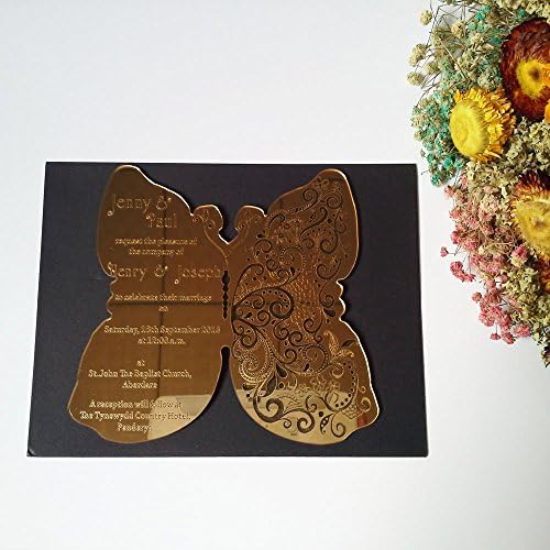 80pcs Per Lot 180X150mm Butterfly Shape Golden Mirror Acrylic Wedding Invitation Card