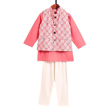 Amber By Hopscotch Boys Cotton Kurta With Floral Jacket And Pajama (Set Of3) in Peach Color