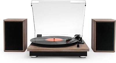 Montauk – Platine Vinyle à Courroie 3 Vitesses avec Haut-parleurs stéréo Bluetooth, Sortie RCA, Prise Casque 3,5 mm, Couvercle Amovible (Finition Noyer Rustique)
