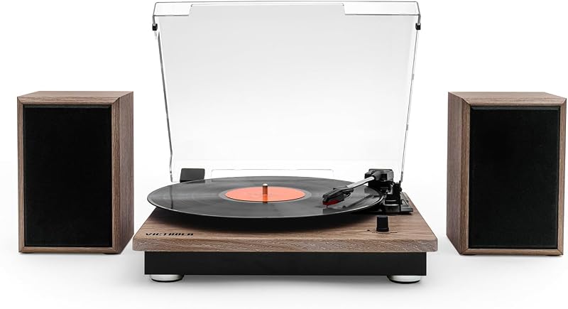 Montauk – Platine Vinyle à Courroie 3 Vitesses avec Haut-parleurs stéréo Bluetooth, Sortie RCA, Prise Casque 3,5 mm, Couvercle Amovible (Finition Noyer Rustique) — photo 1 sur 5